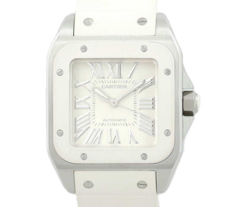 Cartier カルティエ サントス100 MM W20129U2 白 ホワイト 文字盤 SS ステンレス 男女兼用 ユニセックス ラバー 自動巻き【腕時計】【中古】