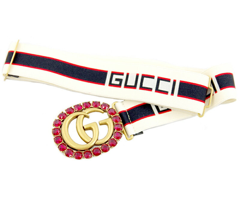 未使用・展示品 GUCCI グッチ ストライプ ベルト ダブルG GG クリスタル バックル ラインストーン レッド 赤 アンティークゴールド シェリーライン 伸縮 499636【アパレル】【中古】