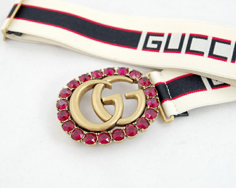 未使用・展示品 GUCCI グッチ ストライプ ベルト ダブルG GG クリスタル バックル ラインストーン レッド 赤 アンティークゴールド シェリーライン 伸縮 499636【アパレル】【中古】