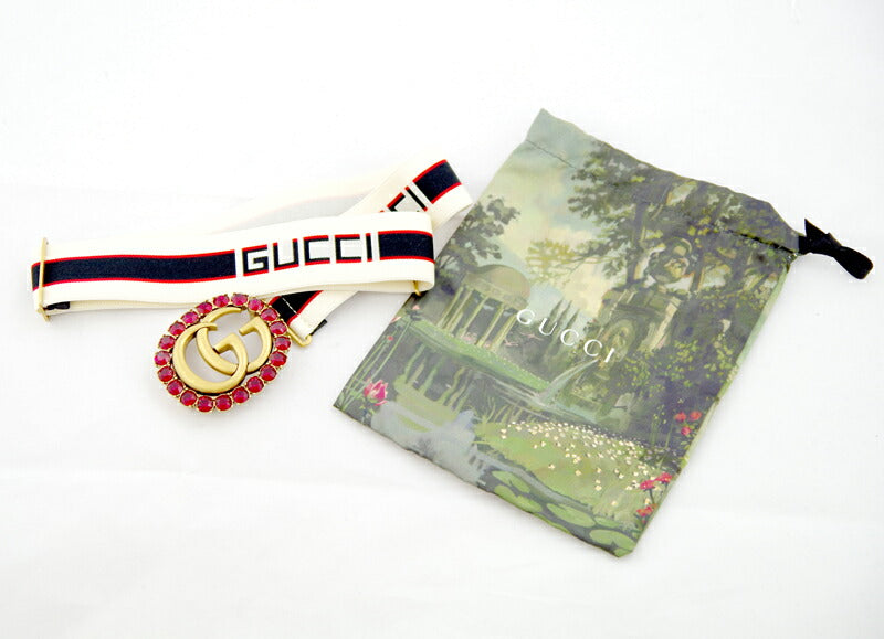 未使用・展示品 GUCCI グッチ ストライプ ベルト ダブルG GG クリスタル バックル ラインストーン レッド 赤 アンティークゴールド シェリーライン 伸縮 499636【アパレル】【中古】