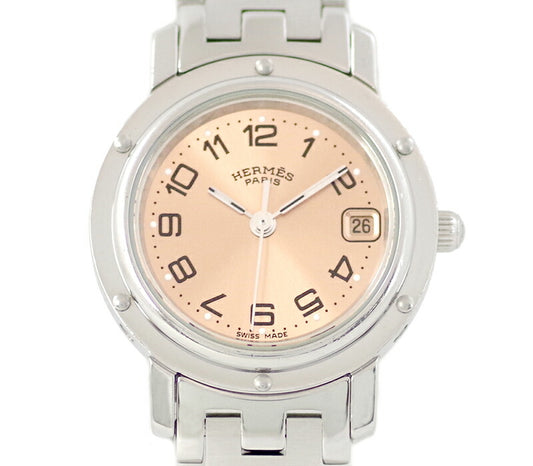 電池交換済 HERMES エルメス クリッパー CL4.210 ピンク 文字盤 デイト SS ステンレス レディース クォーツ【腕時計】【中古】