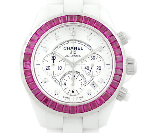 CHANEL シャネル J12 41mm H2009 クロノグラフ 純正9Pダイヤモンド 白 ホワイト 文字盤 セラミック SS アフタールビーベゼル バケットルビー メンズ 自動巻き 【6ヶ月保証】【腕時計】【中古】