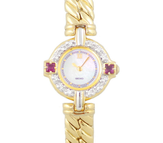Battery replacement SEIKO Seiko Equeline Genuine Diamond Ruby 1E20-0B70 White Shell Dial SS Stainless steel Yellow Gold Ladies Quartz [Watch] [Used]