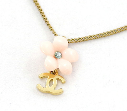 CHANEL Chanel Coco Mark Camellia CC Pink Rhinestone Necklace Gold 05A Necklace Accessories [Jewelry] [Used]