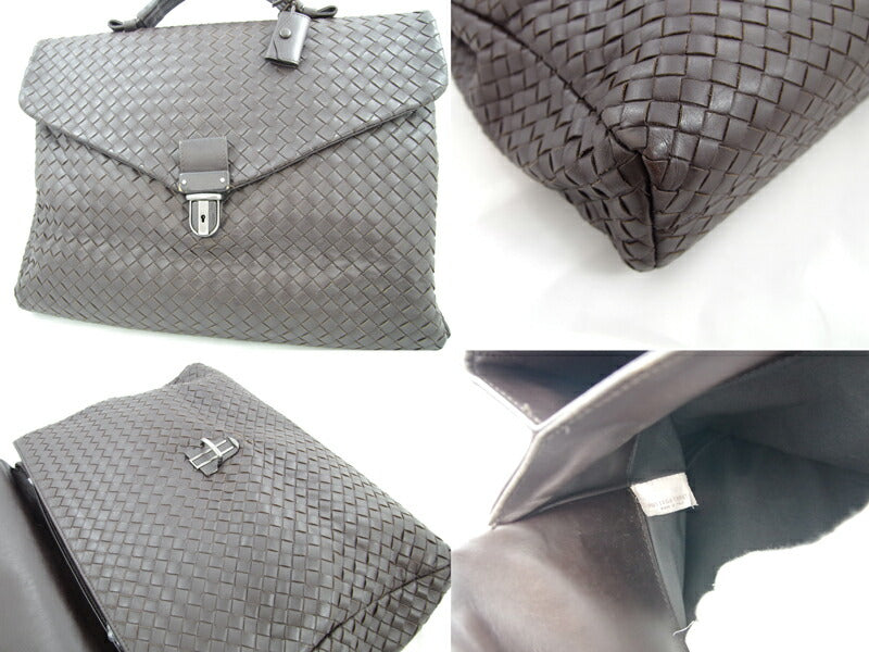 BOTTEGA VENETA ボッテガ ヴェネタ イントレチャート ブリーフケース ビジネスバッグ ハンドバッグ 黒 ブラック 113095 レザー メンズ【バッグ】【中古】