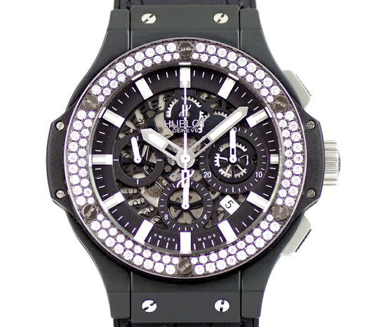 HUBLOT ウブロ アエロバン ブラックマジック 311.CI.1170.GR ダイヤベゼル オールブラック 44mm クロノグラフ デイト ブラック 黒 文字盤 セラミック アフターダイヤモンド メンズ 自動巻き ビッグバン 311.CI.1170.RX【6ヶ月保証】【腕時計】【中古】