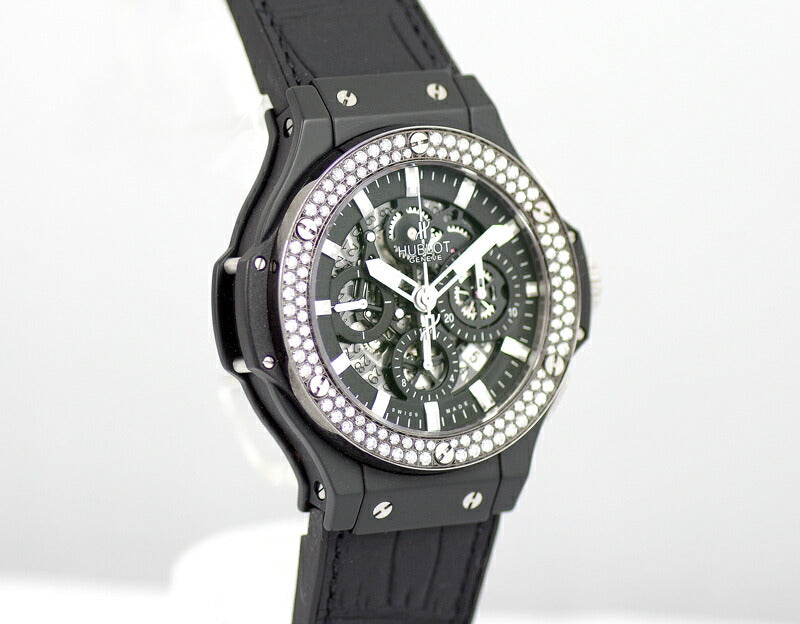 HUBLOT ウブロ アエロバン ブラックマジック 311.CI.1170.GR ダイヤベゼル オールブラック 44mm クロノグラフ デイト ブラック 黒 文字盤 セラミック アフターダイヤモンド メンズ 自動巻き ビッグバン 311.CI.1170.RX【6ヶ月保証】【腕時計】【中古】