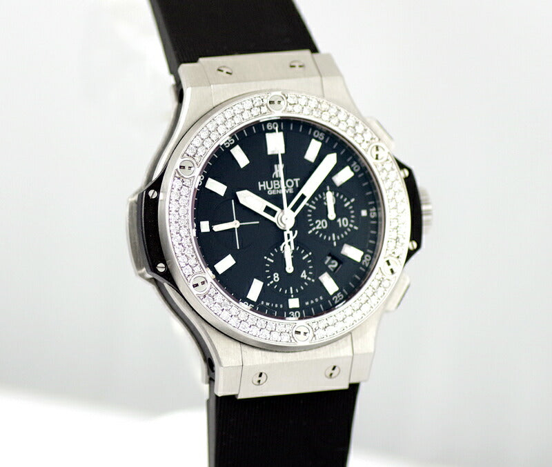 HUBLOT ウブロ  ビッグバン エボリューション 301.SX.1170.RX  ダイヤベゼル 44mm クロノグラフ デイト ブラック 黒 文字盤 SS ステンレス 純正ベルト アフターダイヤモンド メンズ 自動巻き ビックバン【腕時計】【中古】