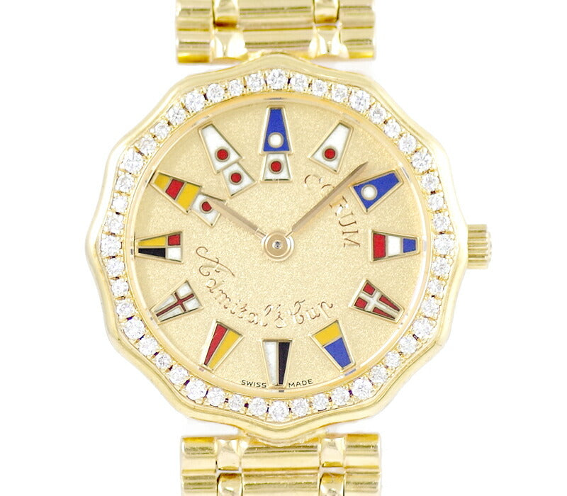 Maintained Corum Admirals Cup Genuine Diamond Bezel Solid Gold Dial K18 Yg Yellow Gold Ladies Quartz [Watch] [Used]