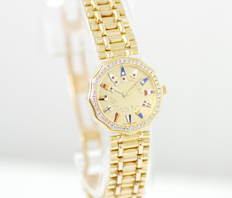 Maintained Corum Admirals Cup Genuine Diamond Bezel Solid Gold Dial K18 Yg Yellow Gold Ladies Quartz [Watch] [Used]