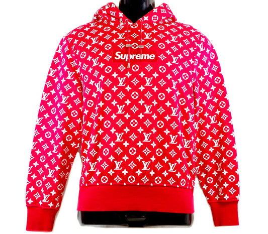 希少品 LOUIS VUITTON ルイ ヴィトン Supreme シュプリーム コラボ モノグラムボックスロゴ プルオーバー パーカー 限定品 レッド 赤 ホワイト 白 XS 17AW メンズ LV box logo hooded sweatshirt【アパレル】【中古】