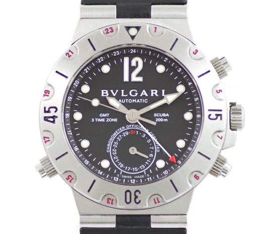 BVLGARI ブルガリ ディアゴノ スクーバ GMT SD38SGMT デイト 黒 ブラック 文字盤 SS ステンレス 純正ラバーベルト メンズ 自動巻き【6ヶ月保証】【腕時計】【中古】