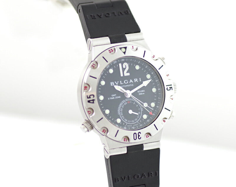 BVLGARI ブルガリ ディアゴノ スクーバ GMT SD38SGMT デイト 黒 ブラック 文字盤 SS ステンレス 純正ラバーベルト メンズ 自動巻き【6ヶ月保証】【腕時計】【中古】