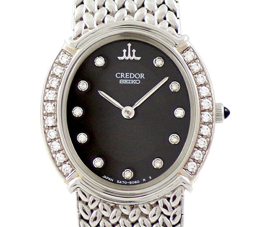 Battery replacement Seiko Seiko Couredor 5A70-3010 GSWE981 Oval Diamond Bezel 11P Diamond Black Dial K18WG White Gold SS Stainless Ladies Quartz [6 months Work] [Used]