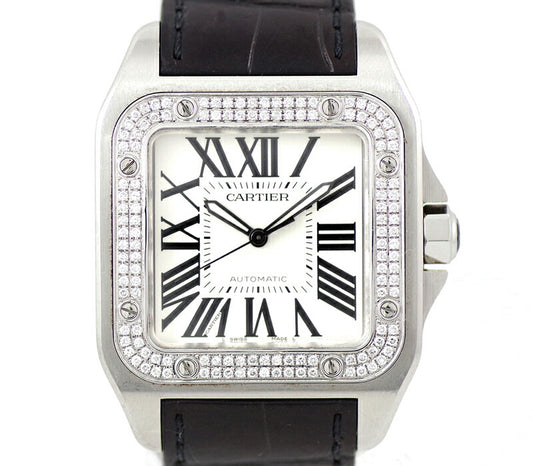 Cartier Cartier Santos 100 LM Diamond Bezel W20073X8 Black Black Silver Dial SS Stainless Steel Genuine Belt After Diamond Men's Automatic Wind [6 months Warranty] [Watch] [Used]