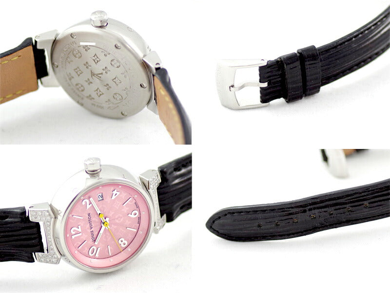 Authentic LOUIS VUITTON Tambour Pink with Diamonds Quartz Leather Ladies  Watch