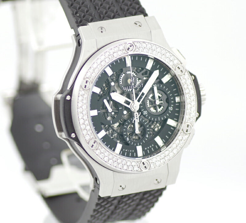 HUBLOT ウブロ  アエロバン 311.SM.1170.GR ダイヤベゼル 44mm クロノグラフ デイト ブラック 黒 文字盤 SS ステンレス 純正ベルト アフターダイヤモンド メンズ 自動巻き ビックバン 311.SM.1170.RX【6ヶ月保証】【腕時計】【中古】