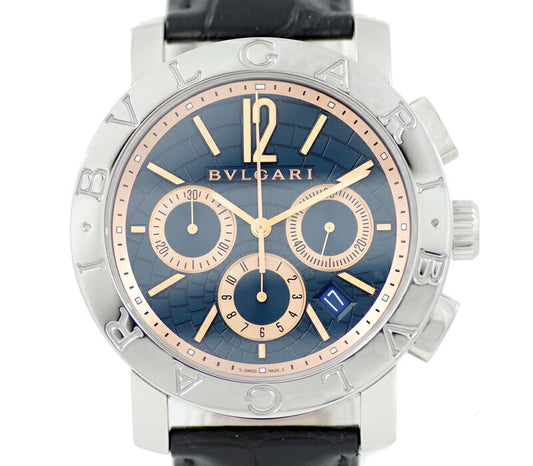 Rare product OH new finished BVLGARI Bulgari Bulgari Bulgari Bulgari Bulgari Chronograph BB42SLCH Date Blue Navy Blue Dial PG Index SS Stainless Steel Genuine Belt Genuine Buckwheat Men Automatic Wind