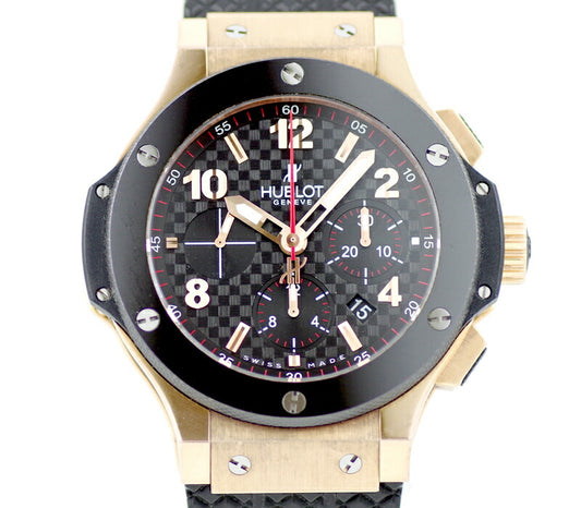 内部点検済 HUBLOT ウブロ  ビッグバン 301.PB.131.RX 44mm クロノグラフ デイト ブラック 黒 カーボン 文字盤 K18RG レッドゴールド  純正ベルト 純正尾錠 メンズ 自動巻き ビックバン PG ピンクゴールド【6ヶ月保証】【腕時計】【中古】