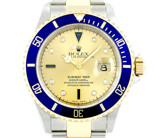 ほぼ新品 OH仕上げ済 ROLEX ロレックス SUBMARINER サブマリーナ 16613SG K番 3Pサファイヤ 8Pダイヤモンド ゴールド 文字盤 K18YG イエローゴールド SS ステンレス コンビ メンズ 自動巻き【6ヶ月保証】【腕時計】【中古】