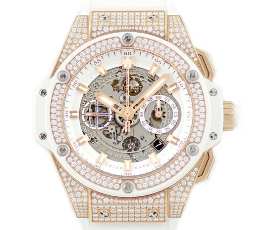 HUBLOT Ubr King Power Unic King Gold White Pave 701.Oe.0128.Gr.1704 Chronograph Date White White White Skeleton Dial K18PG Pink Gold Golden Fruit Genuine Genuine Belt Genuine Belt Men's Automatic Big Bang [6 months warranty] [Watch] second hand】