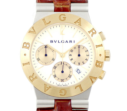 電池交換済 BVLGARI ブルガリ ディアゴノ スポーツ CH35SG クロノグラフ デイト 白 ホワイト 文字盤 K18 YG イエローゴールド SS ステンレス コンビ 純正ベルト 純正尾錠 メンズ クォーツ【6ヶ月保証】【腕時計】【中古】