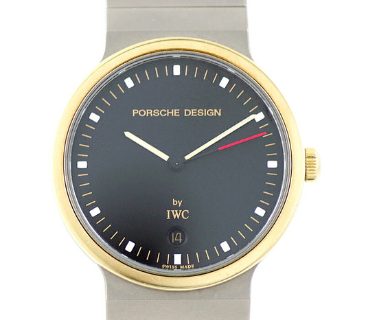 希少品 電池交換済 PORCHE DESIGN by IWC ポルシェデザイン ウルトラスポルティボ デイト 黒 ブラック 文字盤 チタン YG イエローゴールド コンビ ボーイズ クォーツ ウルトラスポルティポ インターナショナルウォッチカンパニー【6ヶ月保証】【腕時計】【中古】