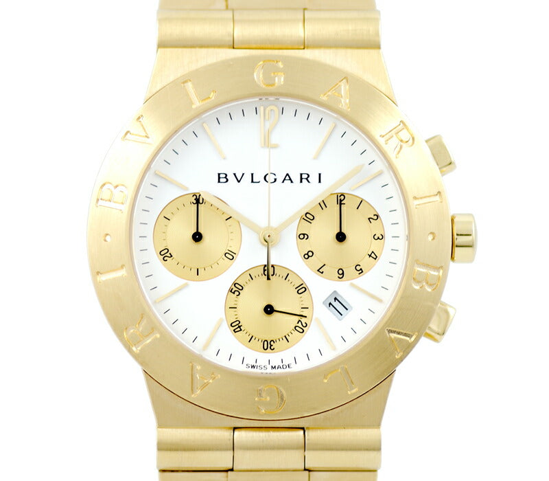 電池交換済 BVLGARI ブルガリ ディアゴノ スポーツ CH35G 金無垢 クロノグラフ デイト 白 ホワイト 文字盤 K18 YG イエローゴールド 純正尾錠 メンズ クォーツ【6ヶ月保証】【腕時計】【中古】