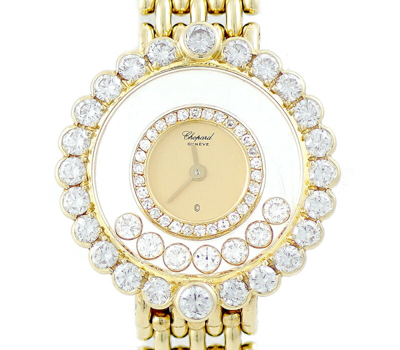 Inspection CHOPARD Chopal Happy Happy Diamond 4066 Genuine Large Diamond Bezel 7P Diamond Double Bezel Diamond Gold Dial K18YG Yellow Gold Golden Solid Ladies Quartz 4097