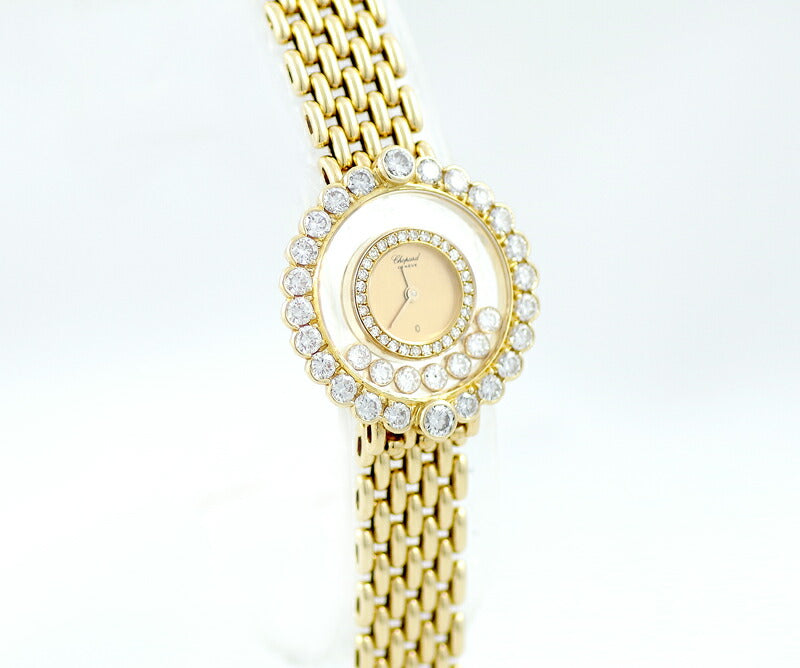 Inspection CHOPARD Chopal Happy Happy Diamond 4066 Genuine Large Diamond Bezel 7P Diamond Double Bezel Diamond Gold Dial K18YG Yellow Gold Golden Solid Ladies Quartz 4097