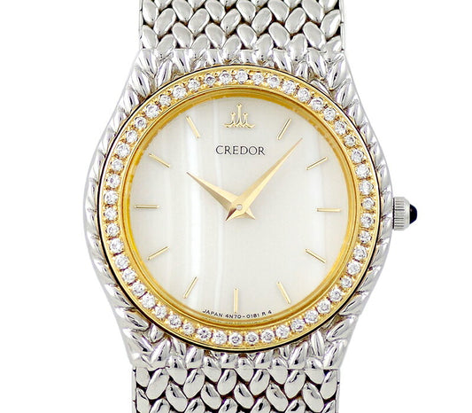 Battery replacement SEIKO Seiko Couredor 4N70-0170 Third Nix Dial Genuine Diamond Besel K18YG Yellow Gold SS Stainless Diamond Ladies Quartz [6 months warranty] [Watch] [Used]