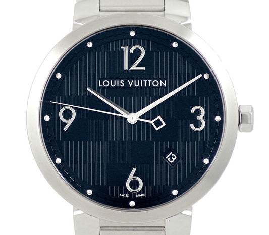 電池交換済 LOUIS VUITTON ルイヴィトン タンブール ダミエ Q1D00 50m防水  黒 ブラック 文字盤 SS ステンレス 純正ベルト メンズ クォーツ【6ヶ月保証】【腕時計】【中古】