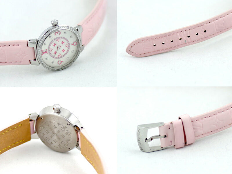 Battery replacement LOUIS VUITTON Louis Vuitton Tambul Monogram PM Limited Q12MF/A Diamond Besel 8P Diamond Silver Pink Dial Genuine Verni Belt Monogram Ladies Quartz [6 months warranty] [Watch] [Used]