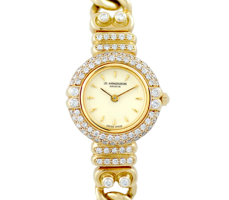 Battery replacement Les AMBASSADEURS Les AMBASSADEURS Genuine Diamond Bezel Kinto solid ivory dial K18 yg Yellow Gold Ladies Quartz [6 months warranty] [Watch] [Used]