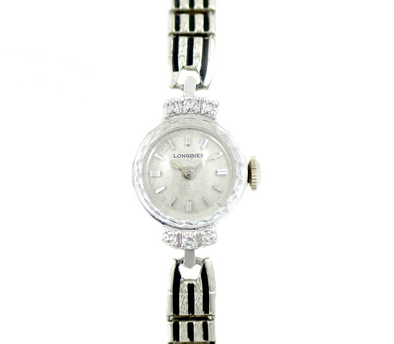 LONGINES Longines K14WG White Gold Diamond Silver Dial Cut Glass Ladies Hand -Roll Antique Vintage [Watch] [Used]