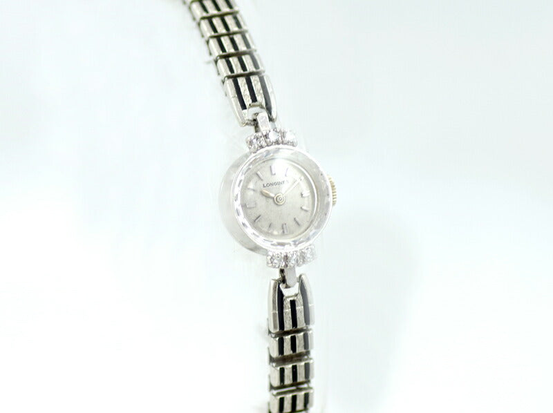 LONGINES Longines K14WG White Gold Diamond Silver Dial Cut Glass Ladies Hand -Roll Antique Vintage [Watch] [Used]